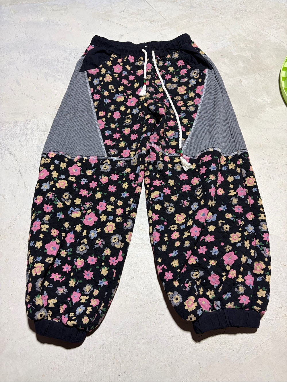 POL Floral Jogger Pants Black with Pink Yellow Flowers MEDIUM boho